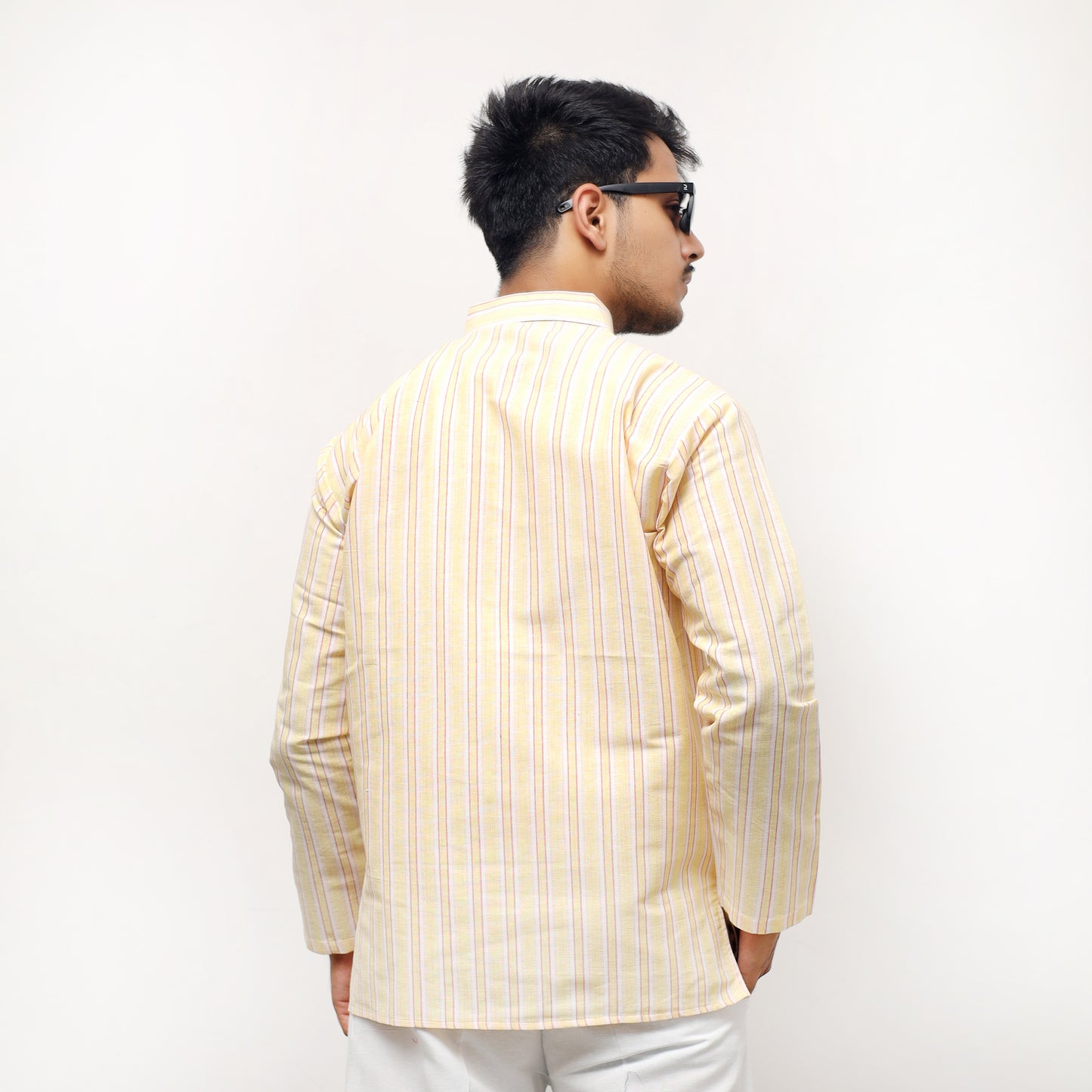 White Striped Full Sleeves Kurta Pant-Yellow
