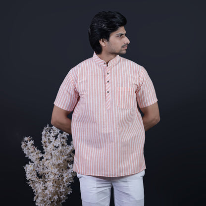 Combo Set White Striped Half Sleeves Short Kurta Pant-Orange