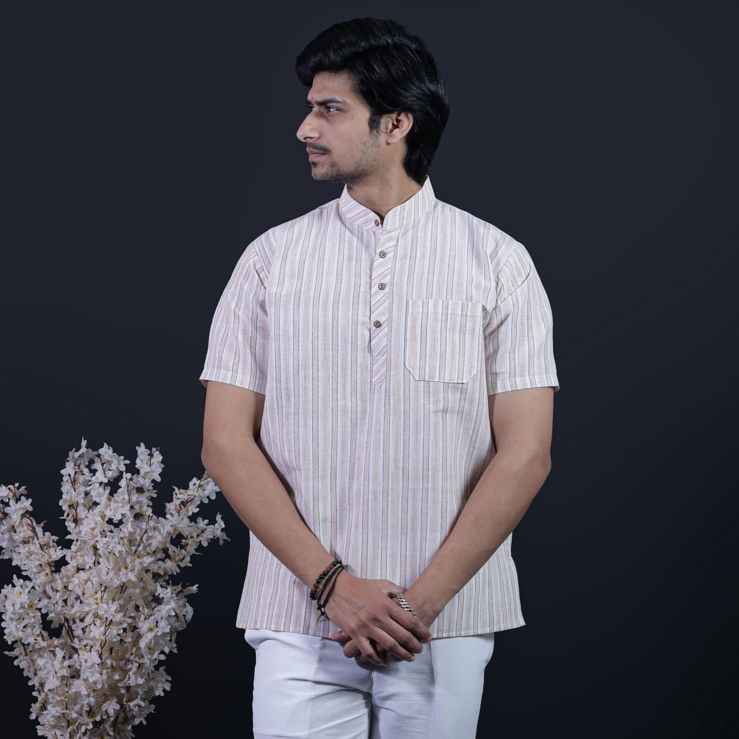 Combo Set White Striped Half Sleeves Short Kurta Pant-Skin