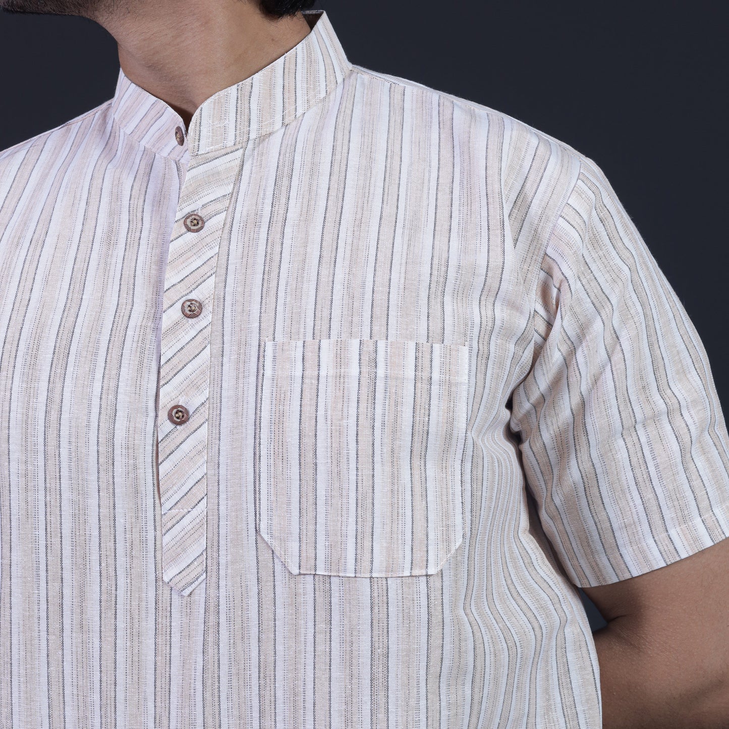 Combo Set White Striped Half Sleeves Short Kurta Pant-Skin