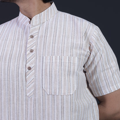 Combo Set White Striped Half Sleeves Short Kurta Pant-Skin