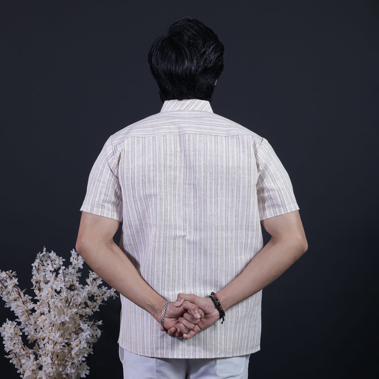 Combo Set White Striped Half Sleeves Short Kurta Pant-Skin