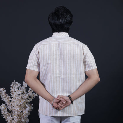 Combo Set White Striped Half Sleeves Short Kurta Pant-Skin