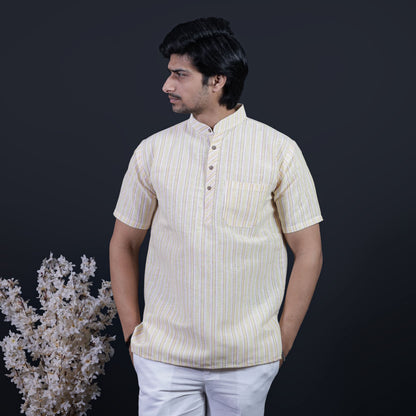 Combo Set White Striped Half Sleeves Short Kurta Pant-Yellow