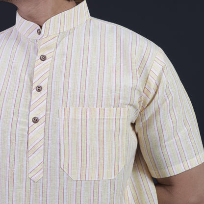 Combo Set White Striped Half Sleeves Short Kurta Pant-Yellow