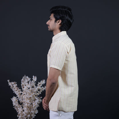 Combo Set White Striped Half Sleeves Short Kurta Pant-Yellow