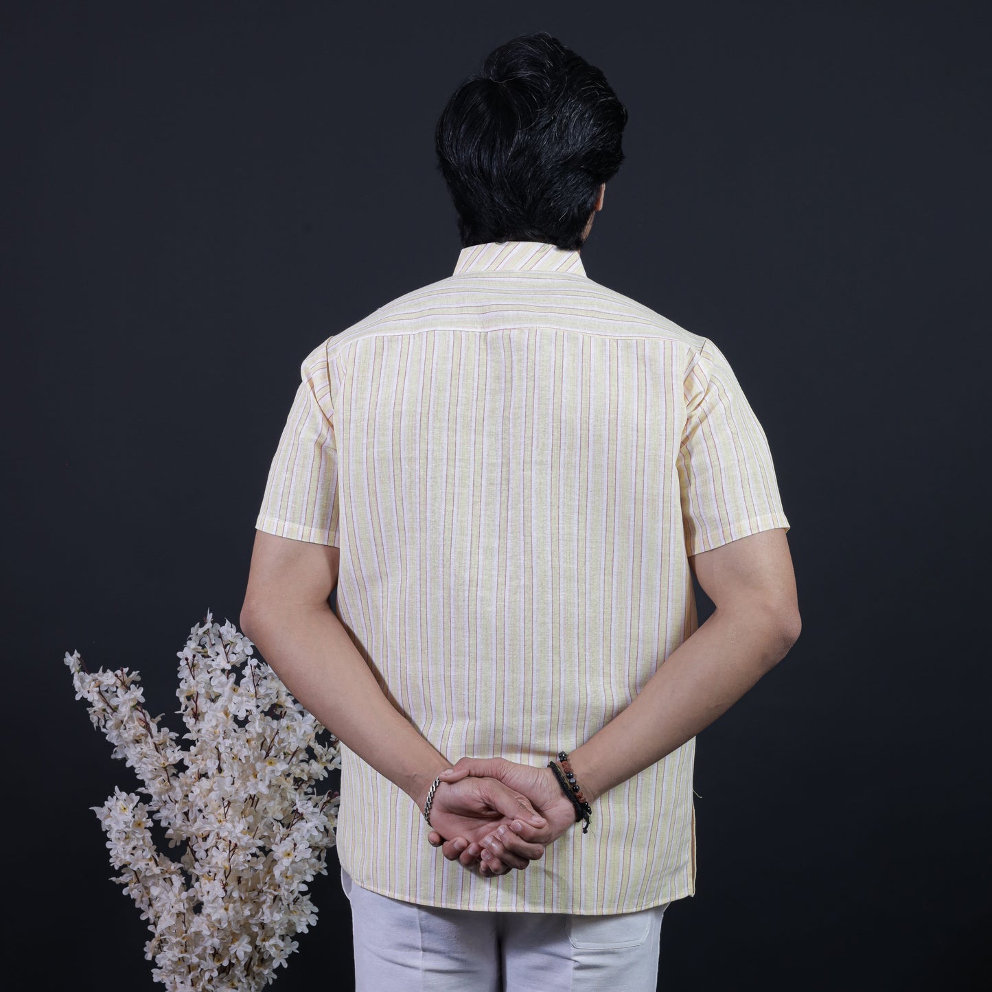 Combo Set White Striped Half Sleeves Short Kurta Pant-Yellow