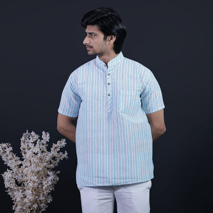 Combo Set White Striped Half Sleeves Short Kurta Pant-Blue
