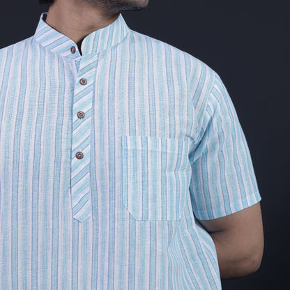 Combo Set White Striped Half Sleeves Short Kurta Pant-Blue