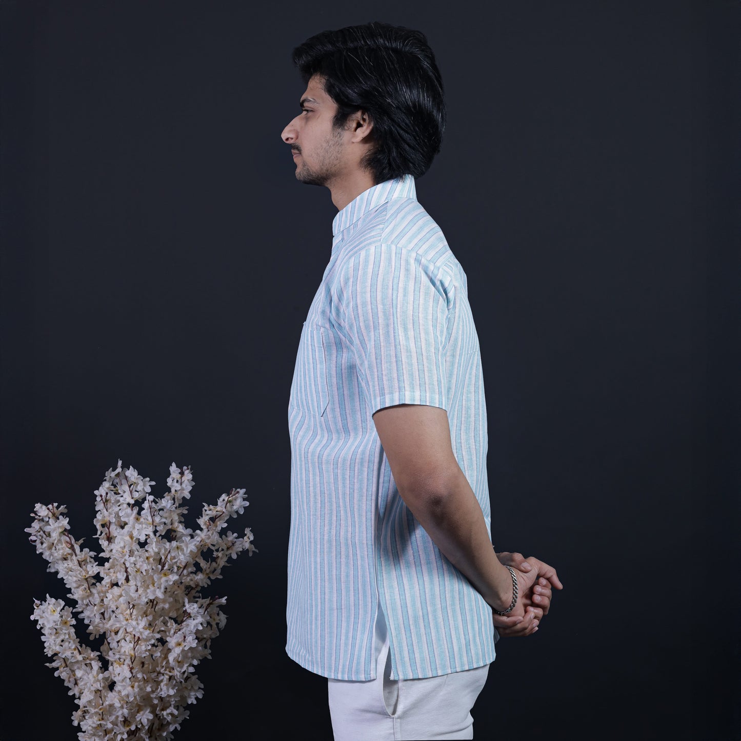 Combo Set White Striped Half Sleeves Short Kurta Pant-Blue