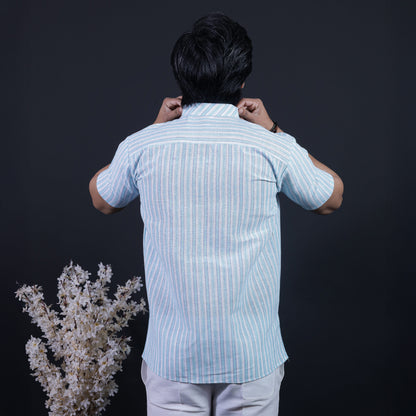 Combo Set White Striped Half Sleeves Short Kurta Pant-Blue