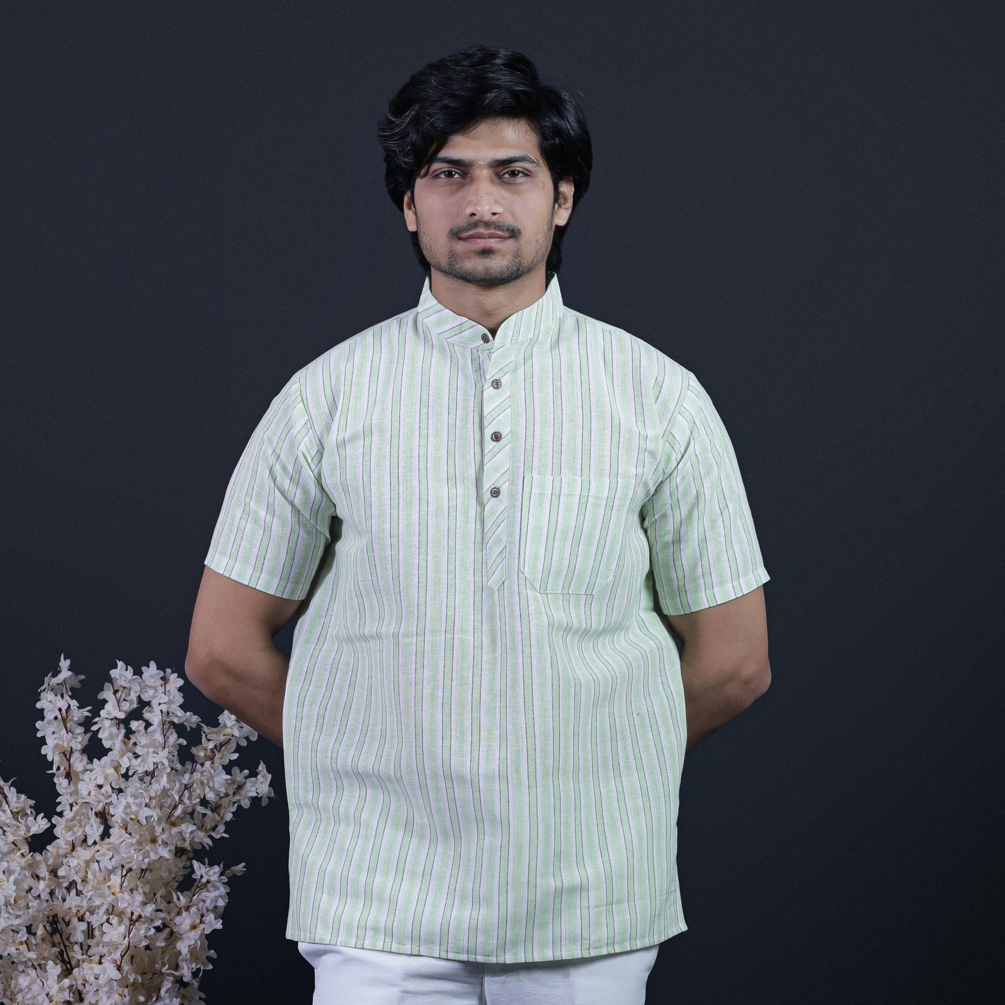 Combo Set White Striped Half Sleeves Short Kurta Pant-Green