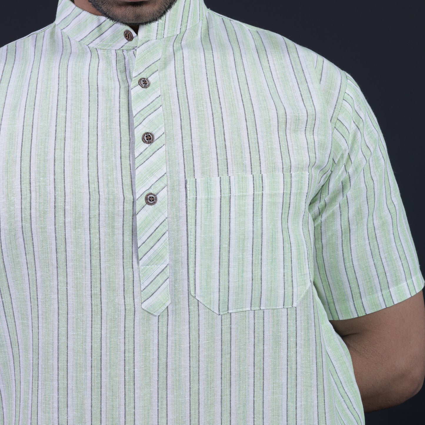 Combo Set White Striped Half Sleeves Short Kurta Pant-Green