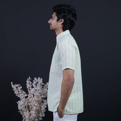 Combo Set White Striped Half Sleeves Short Kurta Pant-Green