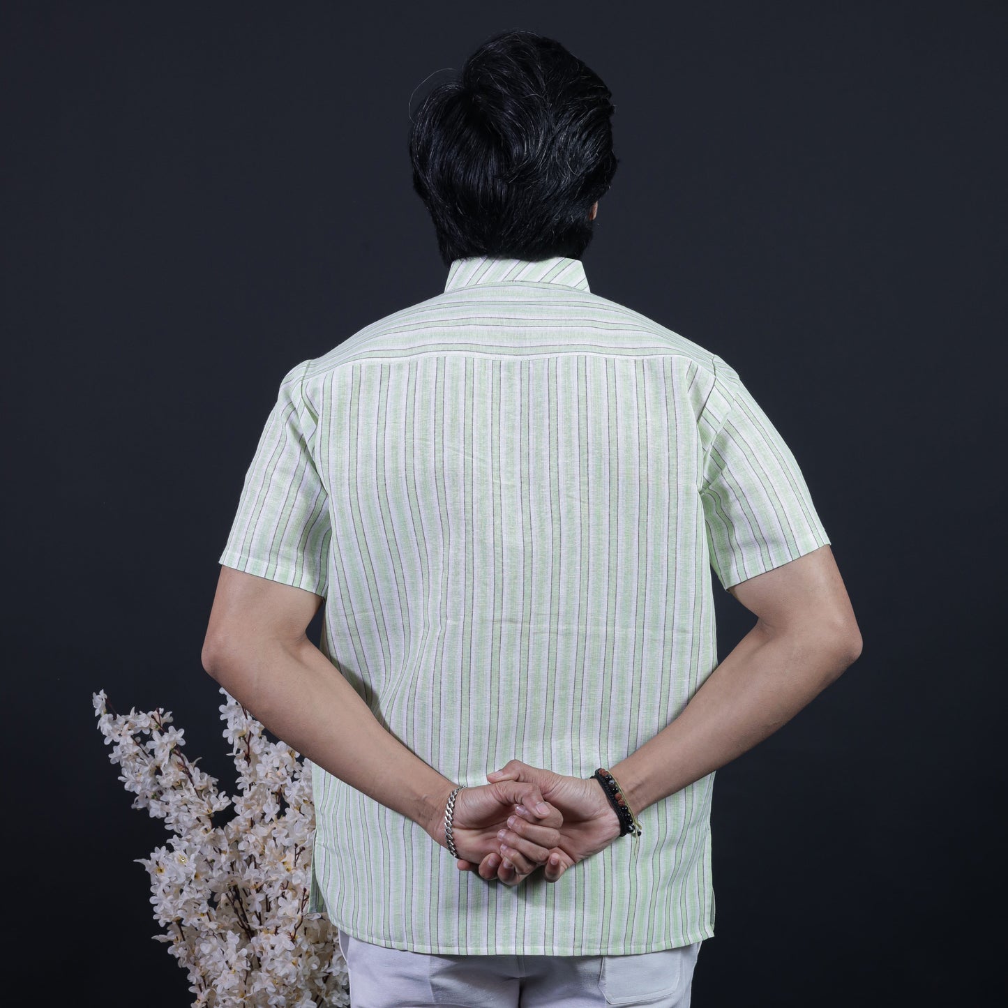 Combo Set White Striped Half Sleeves Short Kurta Pant-Green