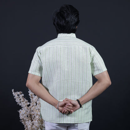 Combo Set White Striped Half Sleeves Short Kurta Pant-Green
