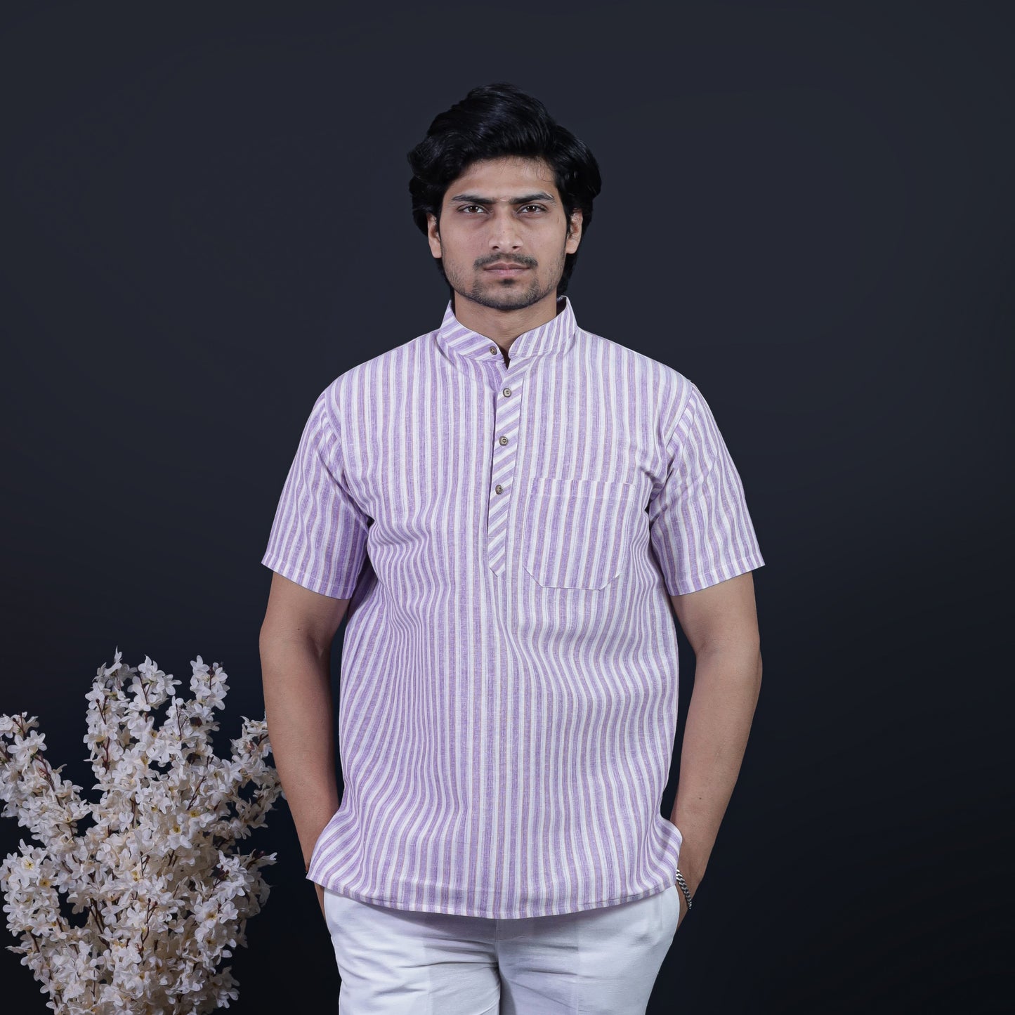 Combo Set White Striped Half Sleeves Short Kurta Pant-Purple