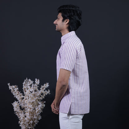 Combo Set White Striped Half Sleeves Short Kurta Pant-Purple