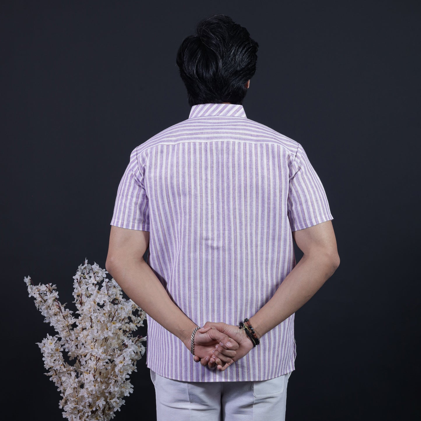 Combo Set White Striped Half Sleeves Short Kurta Pant-Purple