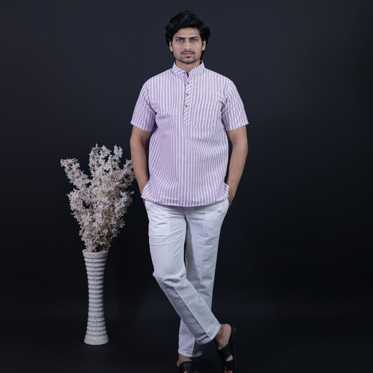 Combo Set White Striped Half Sleeves Short Kurta Pant-Purple