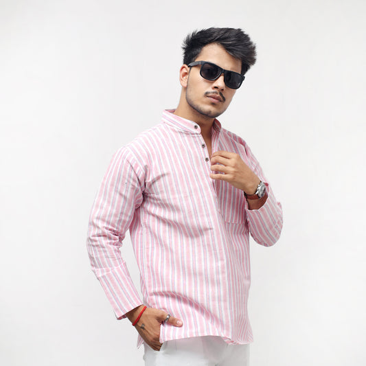 White Striped Full Sleeves Short Kurta-Purple
