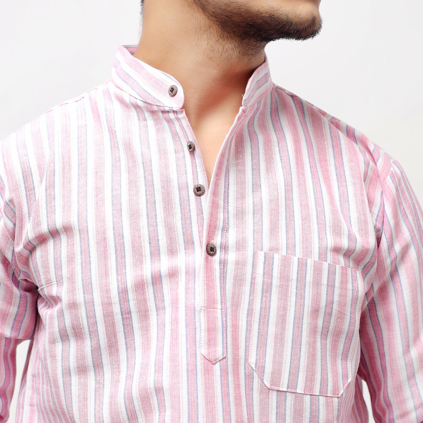 White Striped Full Sleeves Short Kurta-Purple