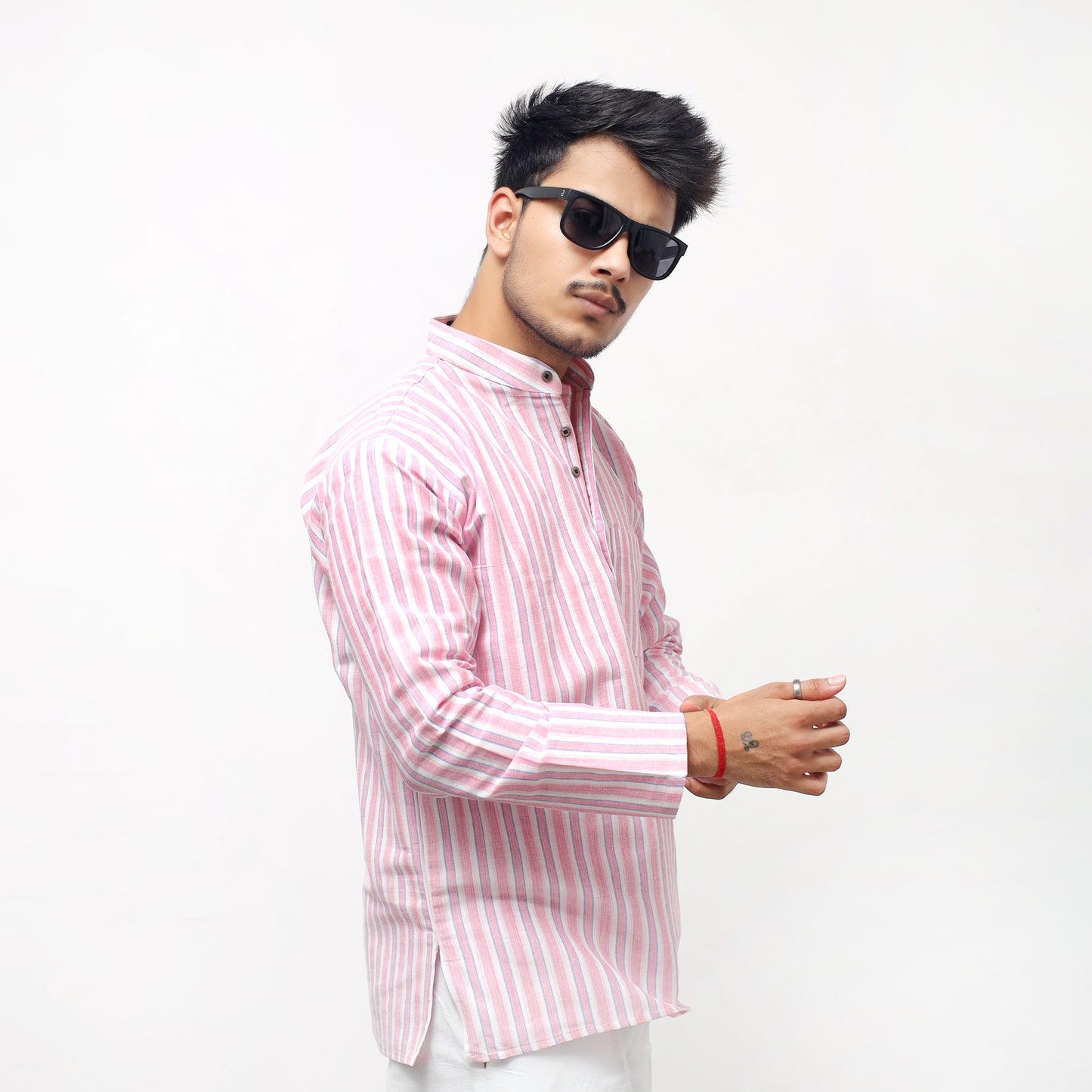 White Striped Full Sleeves Short Kurta-Purple