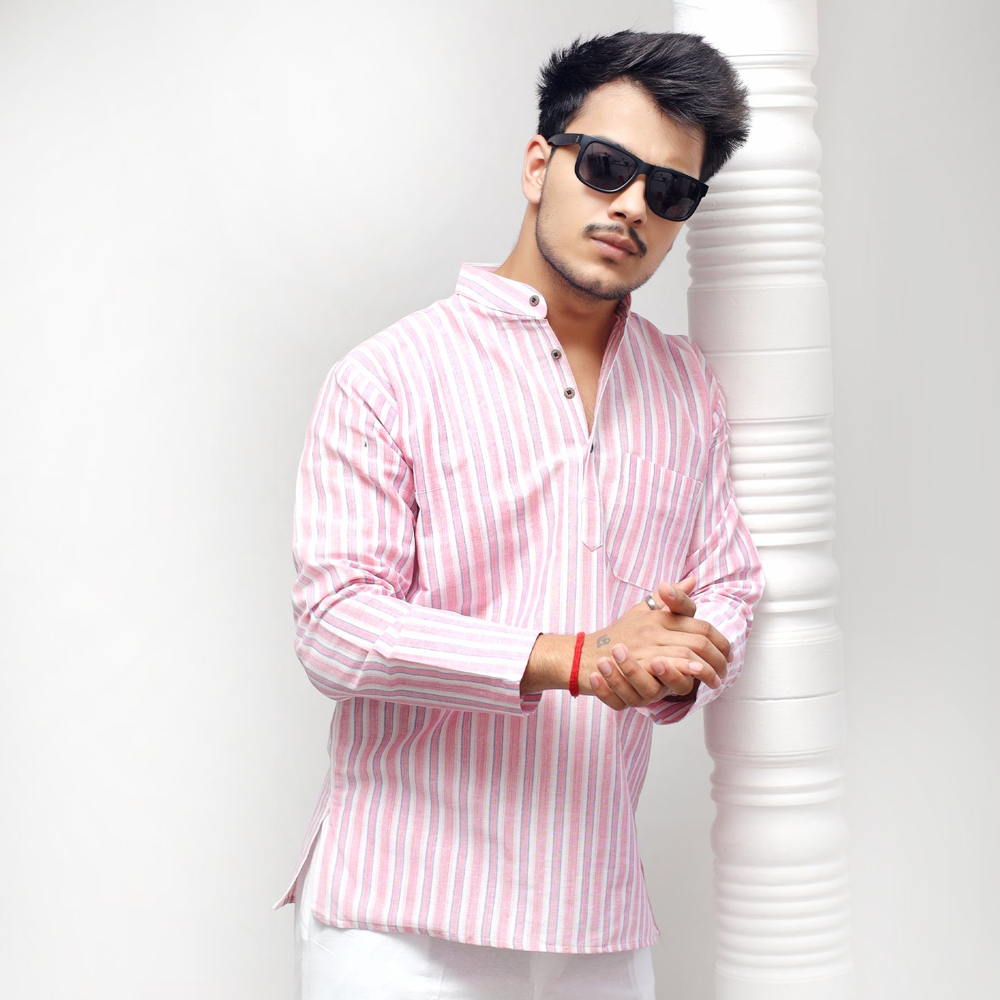 White Striped Full Sleeves Short Kurta-Purple