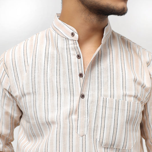 White Striped Full Sleeves Kurta Pant-Skin