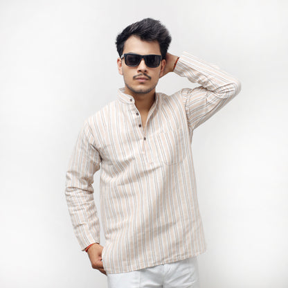 Combo Set White Striped Full Sleeves Kurta Pant-Skin