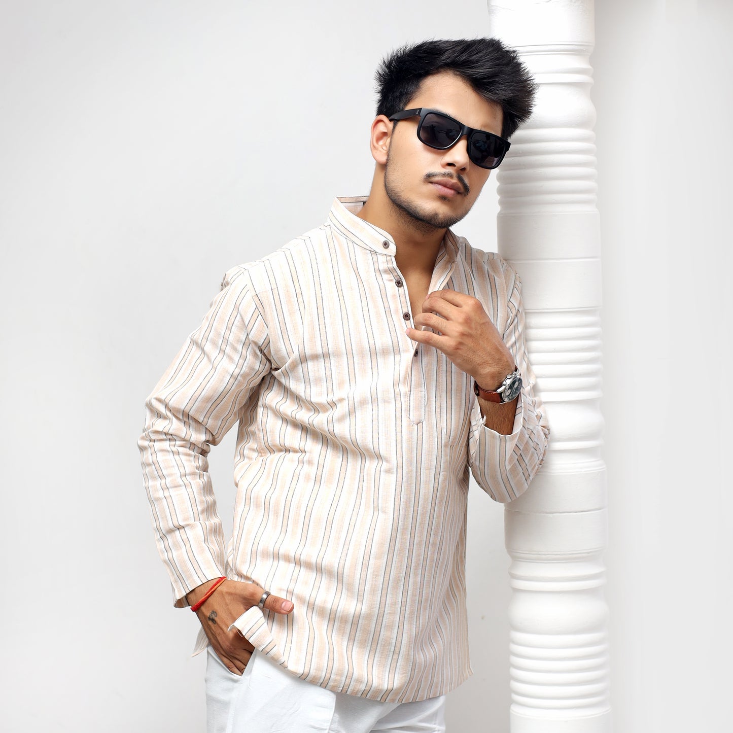 Combo Set White Striped Full Sleeves Kurta Pant-Skin