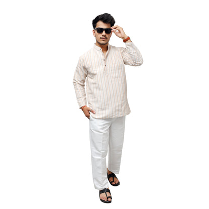 Combo Set White Striped Full Sleeves Kurta Pant-Skin