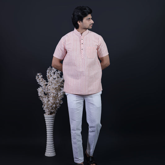 Combo Set White Striped Half Sleeves Short Kurta Pant-Orange