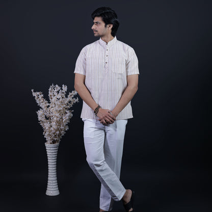Combo Set White Striped Half Sleeves Short Kurta Pant-Skin