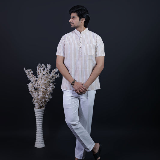 Combo Set White Striped Half Sleeves Short Kurta Pant-Skin