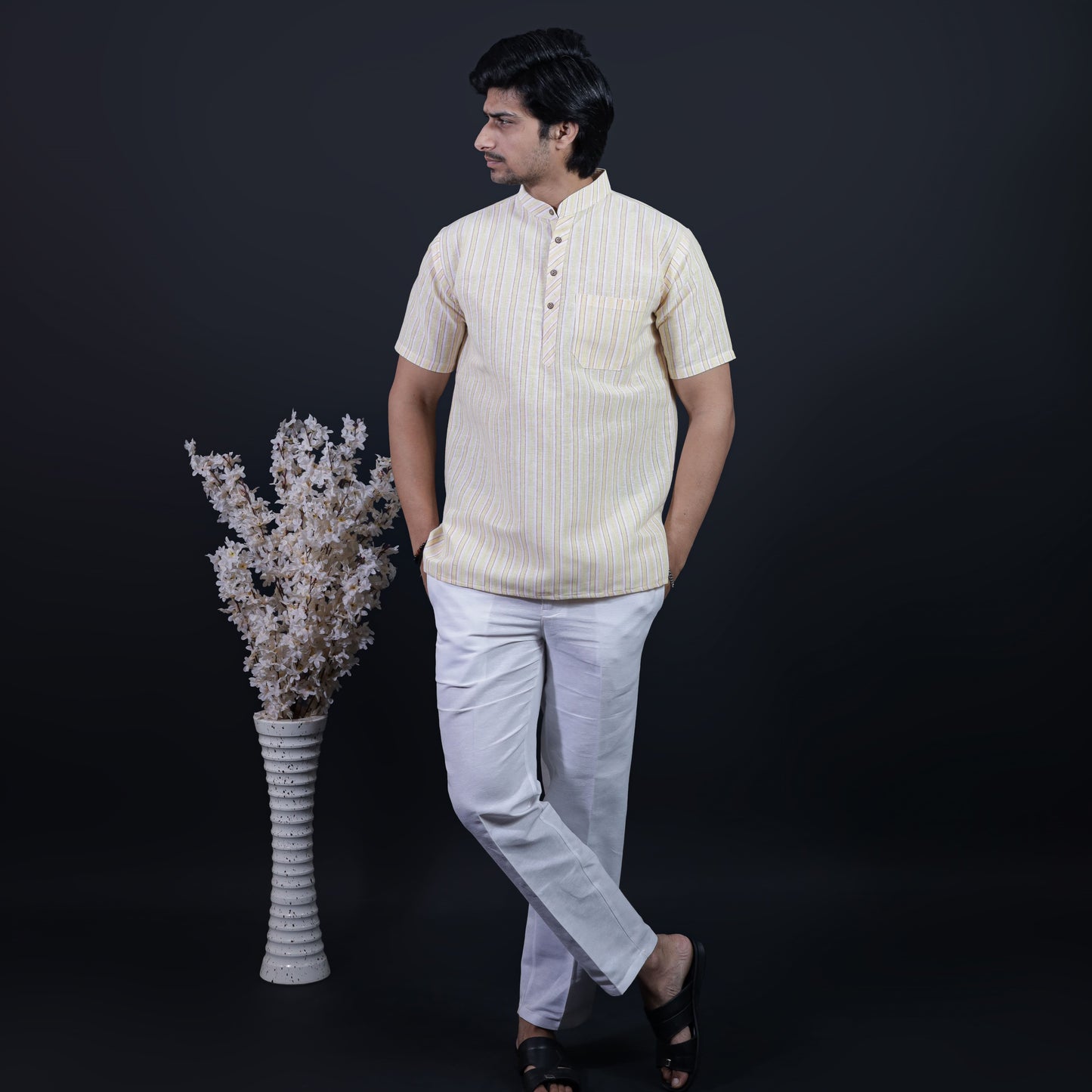 Combo Set White Striped Half Sleeves Short Kurta Pant-Yellow
