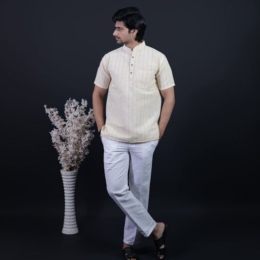 Combo Set White Striped Half Sleeves Short Kurta Pant-Yellow