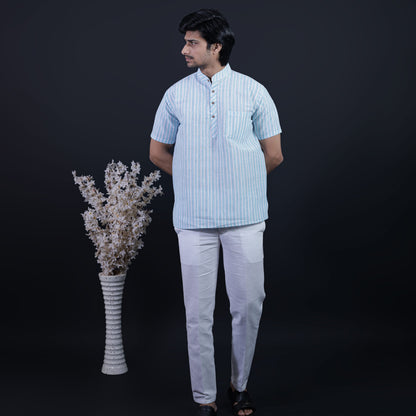 Combo Set White Striped Half Sleeves Short Kurta Pant-Blue