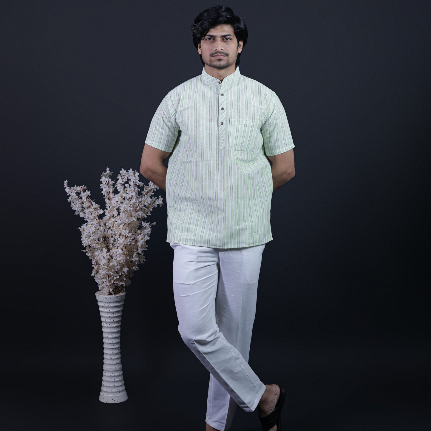 Combo Set White Striped Half Sleeves Short Kurta Pant-Green