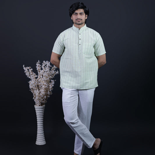 Combo Set White Striped Half Sleeves Short Kurta Pant-Green