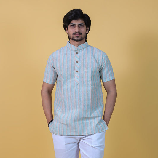 Wide Stripe Half Sleeves Short Kurta-Green