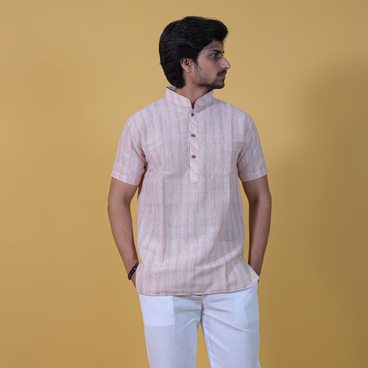 Wide Stripe Half Sleeves Short Kurta-Light Pink