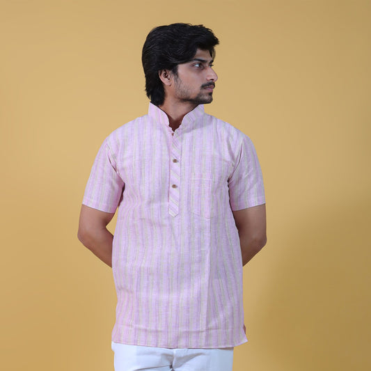 Wide Stripe Half Sleeves Short Kurta-Pink