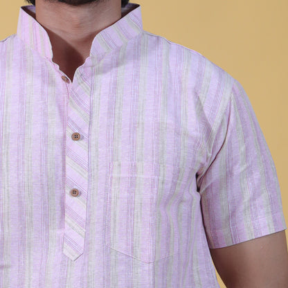 Wide Stripe Half Sleeves Short Kurta-Pink