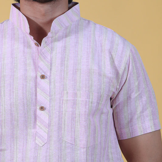 Wide Stripe Half Sleeves Short Kurta-Pink