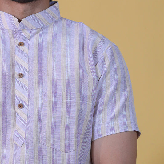 Wide Stripe Half Sleeves Short Kurta-Purple