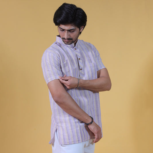Wide Stripe Half Sleeves Short Kurta-Purple