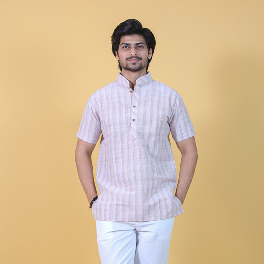 Wide Stripe Half Sleeves Short Kurta-Skin