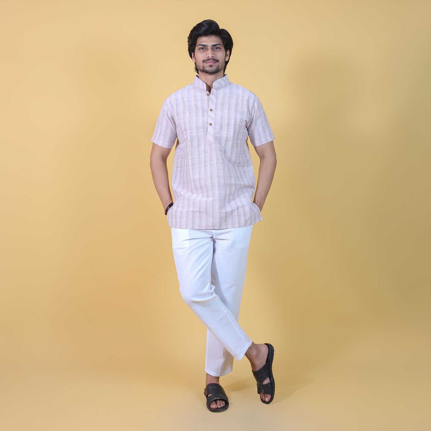 Combo Set Wide Stripe Half Sleeves Short Kurta Pant-Skin