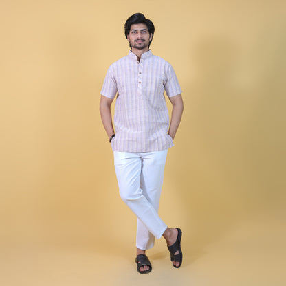 Combo Set Wide Stripe Half Sleeves Short Kurta Pant-Skin